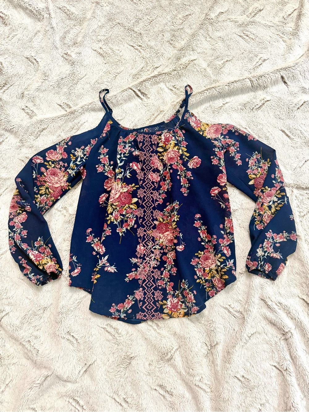 Rewind XS Navy Blue Floral Embroidered Cold Shoulder Long Sleeve Blouse Top